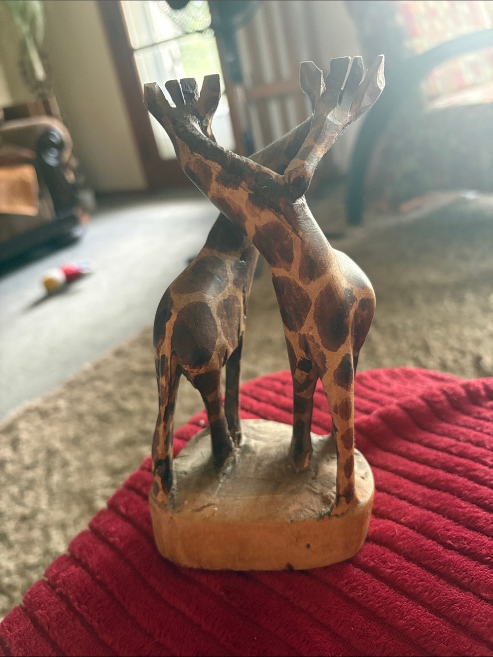 Hand-Carved Wooden Giraffe Pair Figurine — Brown & Tan